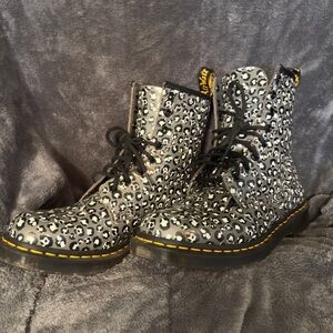 Dr. Martens Black and Gray leopard spot skull leather Lace-Up Docs.